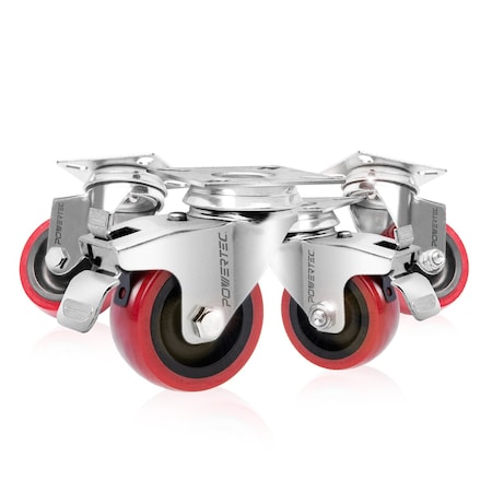 Powertec 2'' Swivel Plate Caster Wheels w/400 lbs Loads 2 with Brakes & 2 without, PU Castor Wheels, 4PK 17212N