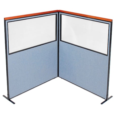 Global Industrial Interion Deluxe Freestanding 2-Panel Corner Divider w/Partial Window 60-1/4"W x 73-1/2"H Blue 695100BL