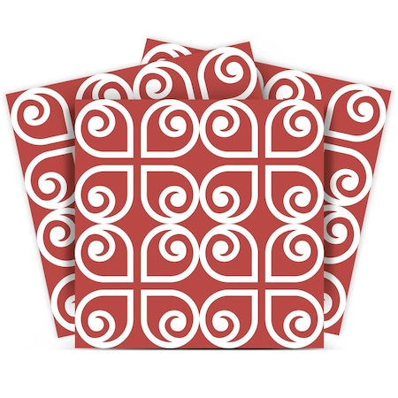 Homeroots 4" x 4" Brick Red And White Scroll Peel and Stick Removable Tiles 400420