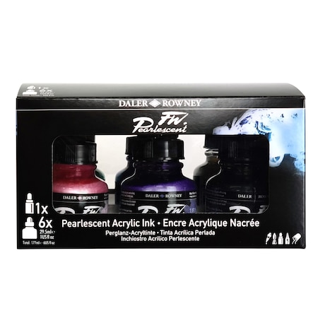 Daler-Rowney FW Pearlescent Acrylic Ink Set with Empty Marker, Assorted Colors, 29.5ml, 6-Piece Set D603200007