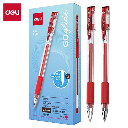 Deli Gel Pen 0.5mm, Red Ink, Capped, Clear Barrel, 12PK E6600S
