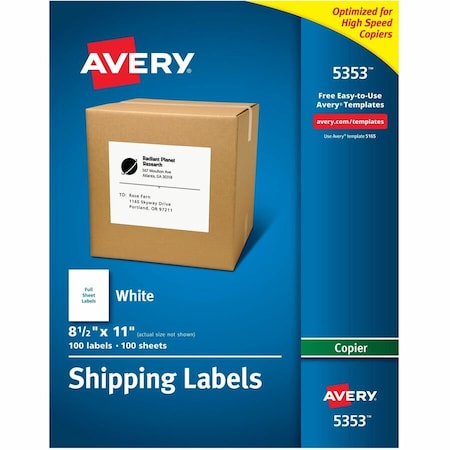 Avery Self-Adhesive Full-Sheet Shipping Labels for Copiers, 8-1/2 x 11, White, 100/Box 5353