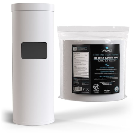Wipex Plastic-Free Sanitizing Wipes 800ct Bundle, 1 Refill Roll + White Floor Dispenser w/ Trash Can WX72266WFD1BZR