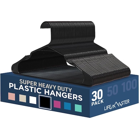Lifemaster Black Plastic Clothes Hangers Set, Lightweight, Durable, Non-Slip, Space-Saving, 30PK LMPLCBLK33