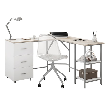 Homeroots 59" Sand Wood and Stainless Steel L Shape Computer Desk With Three Drawers 723753