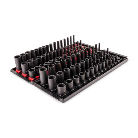 Tekton 1/4in Dr Shallow, Semi-Deep, and Deep 12pt Imp Socket Set w/Rails and Trays (5/32-11/16 in, 4-17 mm) SID90207