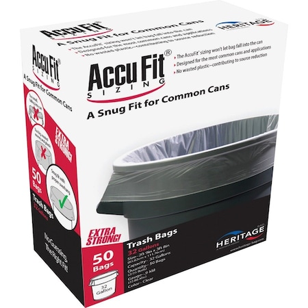 Accufit 32 gal Trash Bags, 33 in x 44 in, Premium, 0.9 mil, Clear, 50 PK H6644TC RC1