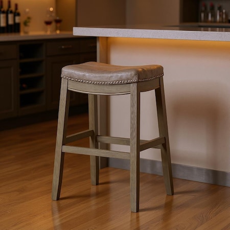 Homeroots 31" Gray and Cool Gray Faux Leather and Solid Wood Backless Bar Height Bar Chair 632497