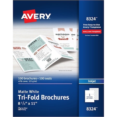 Avery Tri-Fold Brochures for Inkjet Printers 8324, 8-1/2" x 11", White, 100/Box 8324
