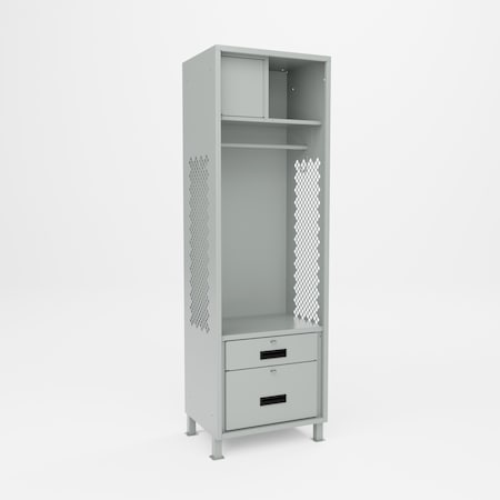 Pucel Athletic Gear Locker, 24 in W x 72 in H x 18 in D, 2 Drawers, Top Cabinet, 4 in H Legs, Gray GL-2472-18-DR2-TL