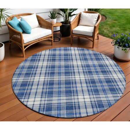 Homeroots 8' Navy Blue And Ivory Round Plaid Washable Indoor Outdoor Area Rug 597119