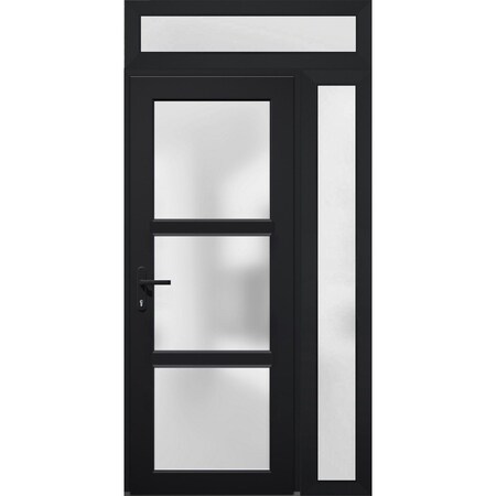 Vdomdoors Front Exterior Prehung FiberGlass Door Frosted Glass / Manux 8552 Matte Black / Sidelight and Trans MANUX8552EXD-BLK-W30+12 x H80+14-RH