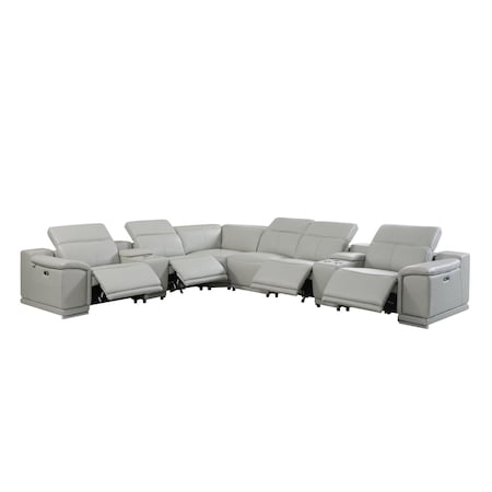 Homeroots Light Gray Italian Leather Power Reclining U Shaped Eight Piece Corner Sectional With Console 476601