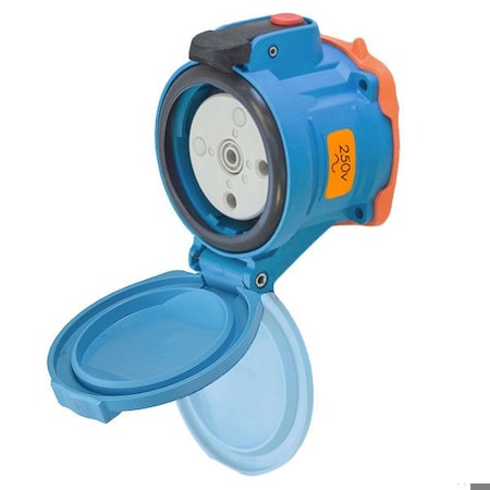 Meltric DSN30 RECEPTACLE POLY BLUE SIZE 2 TYPE 4X IP 69 2P+G 30 A 250 VAC 60 Hz NO AUX SELF-RETURNING LID 63-34072-NC