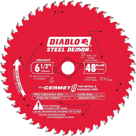 Diablo Saw Blade, 6-1/2 in Dia, 48-Teeth, 5/8 in Arbor, Cermet Cutting Edge D0648CFA