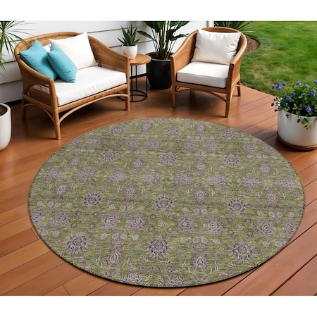 Homeroots 8' Olive Green Beige And Taupe Round Floral Washable Indoor Outdoor Area Rug 582298