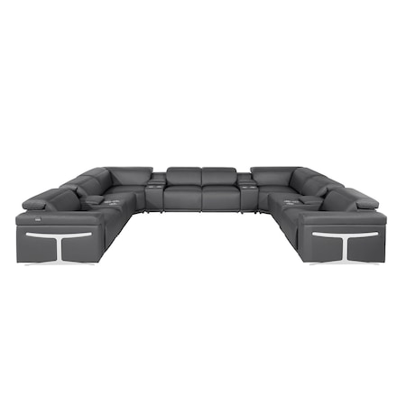Homeroots Dark Gray Italian Leather Power Reclining U Shaped Twelve Piece Sectional With Console 634658