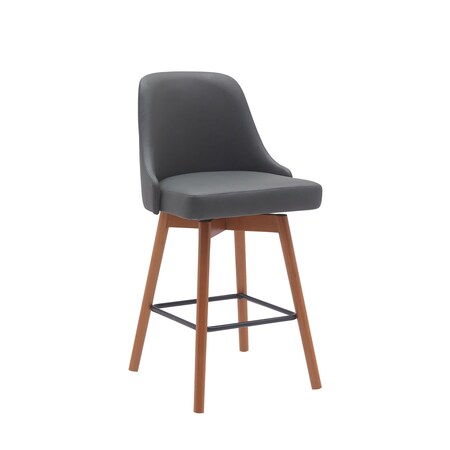 Homeroots 26" Gray and Wood Brown Faux Leather with Solid Wood Swivel Counter Height Bar Chair 534481