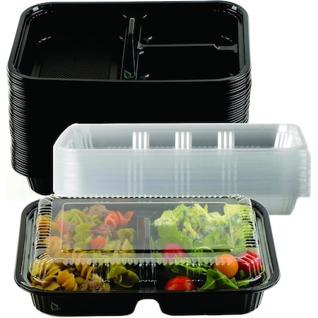 Ecoquality 3 Compartment Black Food Container with Lid for Meal Prep and Takeout, 45PK EQ3CSUSHITRY9X6-45