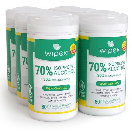 Wipex 70% Isopropyl Alcohol Wipes Canister 80ct, 6 pack case, 480 wipes, Lint-Free SMS Cloth, 6PK WX72005ALC1-6