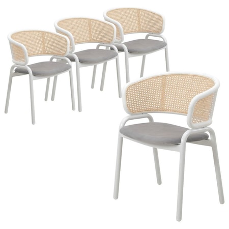 Leisuremod Ervilla Dining Chair with White Powder Coated Steel Legs and Wicker Back, Grey, 4PK ECW-20GR4