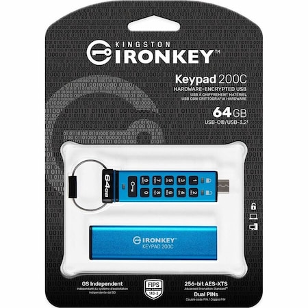 Kingston 64GB USB-C IRONKEY KEYPAD 200C, FIPS 140-3 LVL 3 PENDING AES-256 IKKP200C/64GB