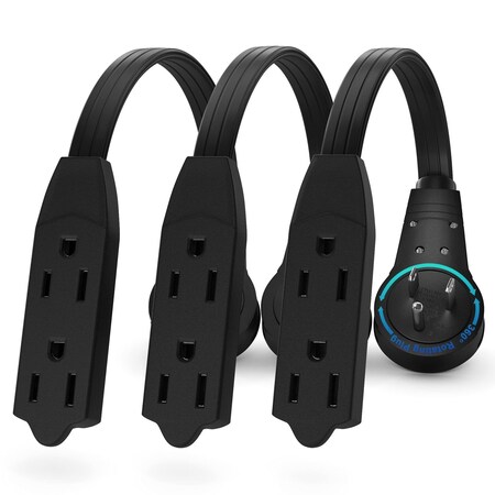 Maximm 0.5ft 16AWG 3-Outlet 360 degrees Flat Plug Extension Cord, 3-Prong UL, 3PK, Black, 3PK ADW-360-33.5-3PK-B