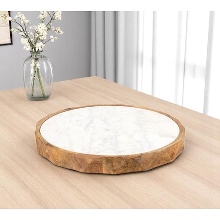 Homeroots 15" Brown And White Marble And Solid Wood Round Cheese Board 574112