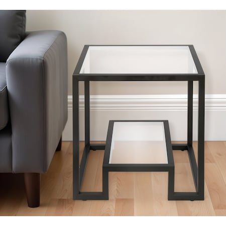 Homeroots 22" Black And Clear Glass And Steel Square End Table With Shelf 544206