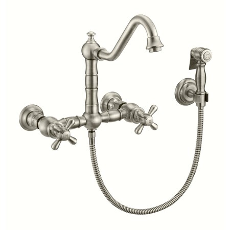 Whitehaus Collection Vintage III Plus Wall Mount Faucet with a  Long Traditional Swivel Spout, and Solid Brass Side Spray WHKWCR3-9402-NT-BN