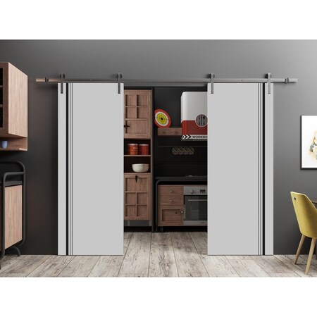 Sartodoors Sliding Double Barn Doors with Hardware, Planum 0011 Matte Grey and Aluminum Strips, 13FT Rail Hang PLANUM0011DB-S-GRE-64