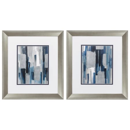 Set of Two Modern Blue Abstract Silver Framed Art, 2PK