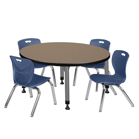 Regency Round Kee Adjustable Classroom Table W/ 4 Andy Stack Chairs, 36 in W, 36 in L, Noble Oak TB36RNDNOAPGY45NV
