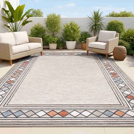 Jonathan Y Sebastian High-Low Modern Diamond Border Brown/Ivory 5 ft. x 8 ft. Indoor/Outdoor Area Rug HWC102A-5