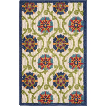 3' X 4' Navy Blue Beige Green Blue And Red Floral Indoor Outdoor Area Rug
