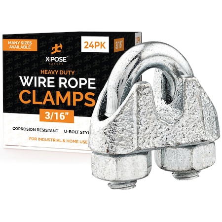 Xpose Safety Wire Rope Clamp for Stainless Steel 3/16in Galvanized U Bolt Cable Clips, 24PK GCC316-24-X