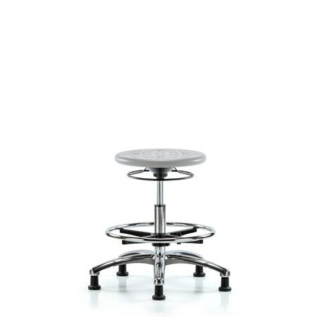 Blue Ridge Ergonomics CL10CleanRoom Stool - Medium Bench Height with Chrome Foot Ring & Stationary Glides in Gray Poly CLR-IPMBSO-CR-CF-RG-GRY
