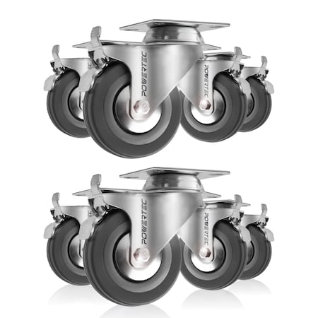 Powertec 3'' Swivel Plate Caster Wheels with Brake & 1280 lbs Loads, Dual Locking Rubber Castor Wheels, 8PK 17023-P8N