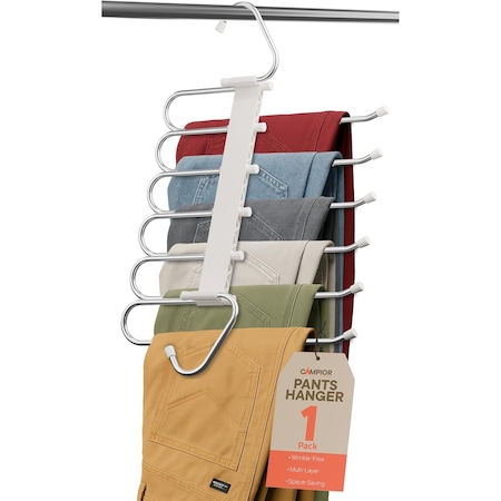 Campior Space Saving Pants Hanger 1 Pack, 6-Layer S-Type Stainless Steel, Anti-Slip, White CMPSSHANWHT-1pk