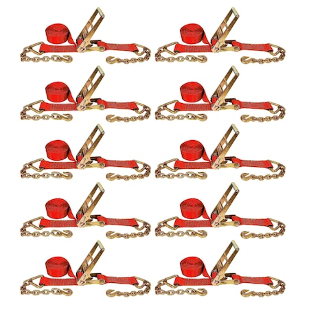 Tie 4 Safe 3'' x 30' Ratchet Strap w/ Chain Extension. WLL: 5,400 LBS Red, 10PK RT20R-1530-F87-R-C-10