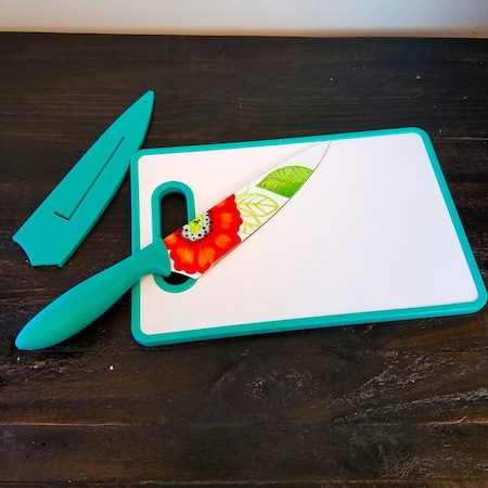 Studio California Jordana 3 Piece Cutlery Knife and Cutting Board Set in Turquoise Floral Pattern 112065.03
