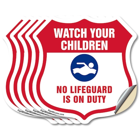 Signmission Pool Safety Shield Sign Attention Watch, 4 inch X 4 inch, Vinyl Decal, 5PK SHI-D-5PACK-4-430