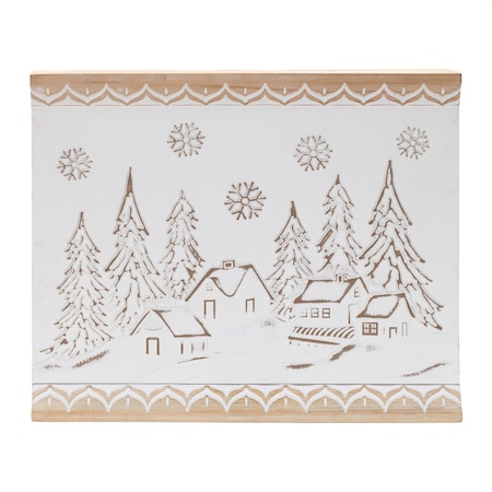 Homeroots 16" X 19" Natural And White Winter Village Christmas Trees Hanging Wall Decor 634742