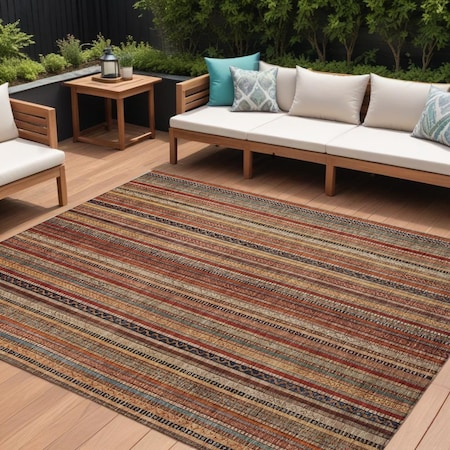 Homeroots 9' X 12' Rust Taupe And Gray Striped Washable Indoor Outdoor Area Rug 616386