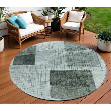 Homeroots 8' Teal Blue And Gray Round Geometric Washable Indoor Outdoor Area Rug 631941