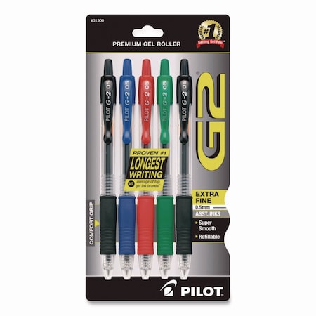 Pilot G2 Premium Gel Pen, Retractable, Extra-Fine 0.5 mm, Assorted Ink and Barrel Colors, 5PK 31300