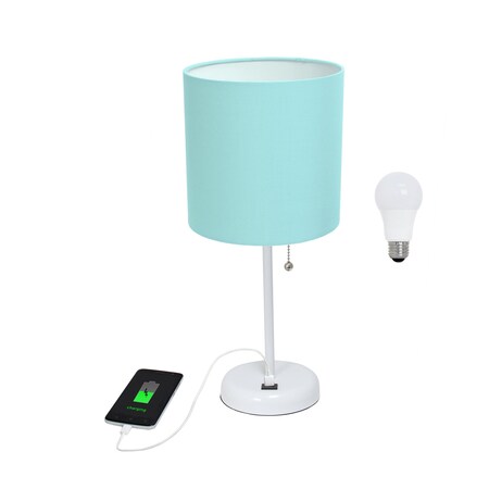 Homeroots 20" White Metal USB Table Lamp LED With Aqua Drum Shade 643225