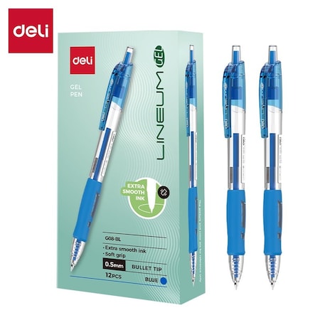 Deli Arrix Retractable Gel Pen 0.5mm, Blue Ink, Soft Grip, 12PK EG08-BL