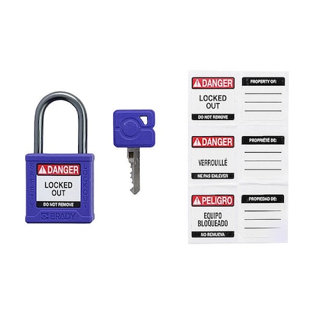 Brady Lockout Padlock, Keyed Alike, Nylon, Purple, 1 in Shackle Height, 1 3/16 in Body Width, 6 PK CPPL-PRP-25AL-KA6