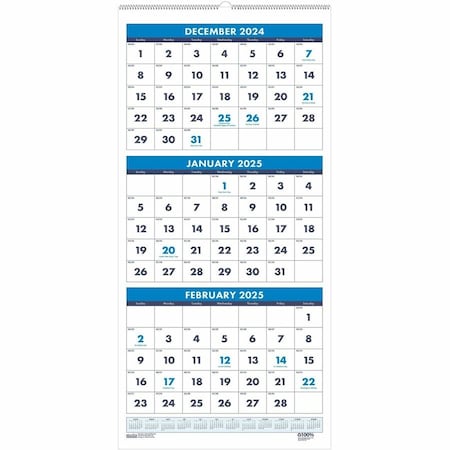 House Of Doolittle 12-1/4 x 27" Three-Month Format Wall Calendar, White HOD3640